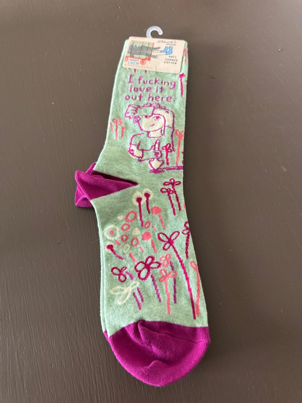 Blue Q Mint Green Socks with Pink Script